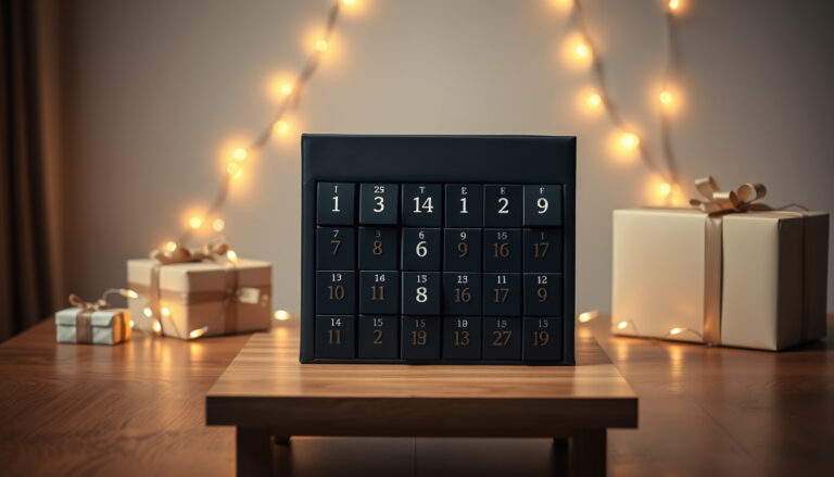Tyylikäs tumma adventtikalenteri, jossa on 24 pientä luukkua, pöydällä joulunvalot ympärillä.