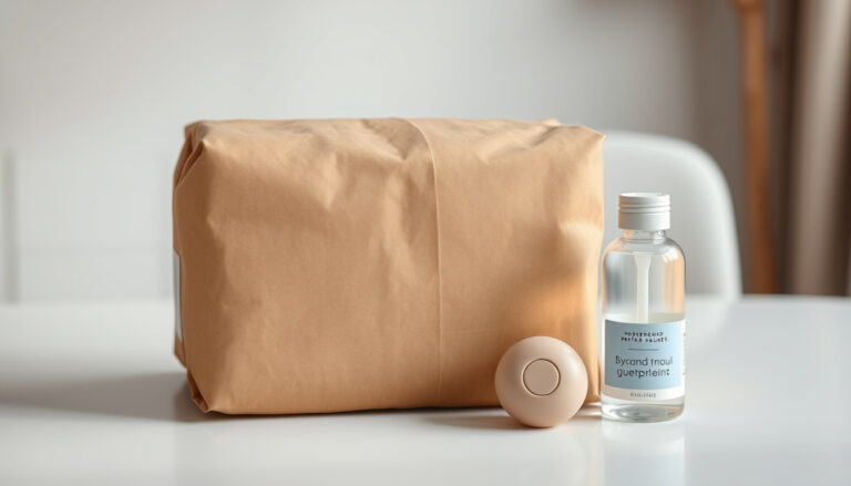 Neutraali asetelma silikonisesta intimate-lelusta ja huomaamattomasta postituksesta, joka odottaa avattavaksi pöydällä.